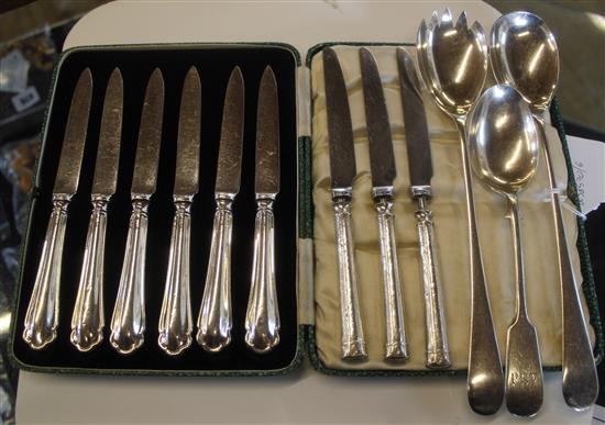 Silver salad servers, cased knives & 3 others